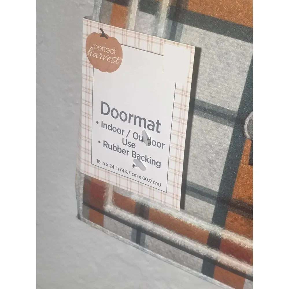 Pumpkin Plaid Truck Welcome Doormat Indoor Outdoor Rubber Backing 18 x 24